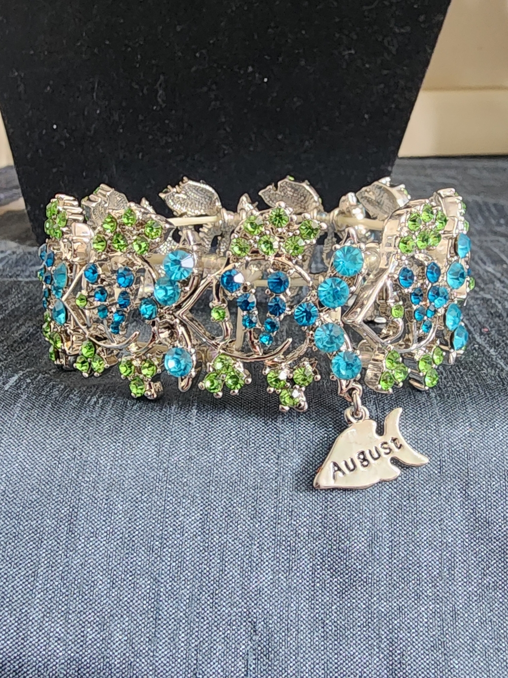 Vintage Willabee & Ward August Crystal Birthstone Stretch Bracelet Fish Charm